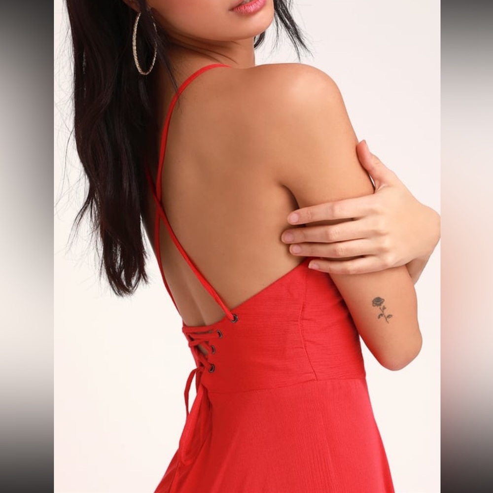EUC Lulu’s Size Small Troulos Red Lace-Up Midi Dress - Picture 4 of 9